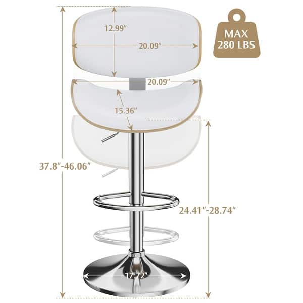 dimension image slide 2 of 12, Bar Stools Adjustable Height Swivel Faux Leather Armless Barstools