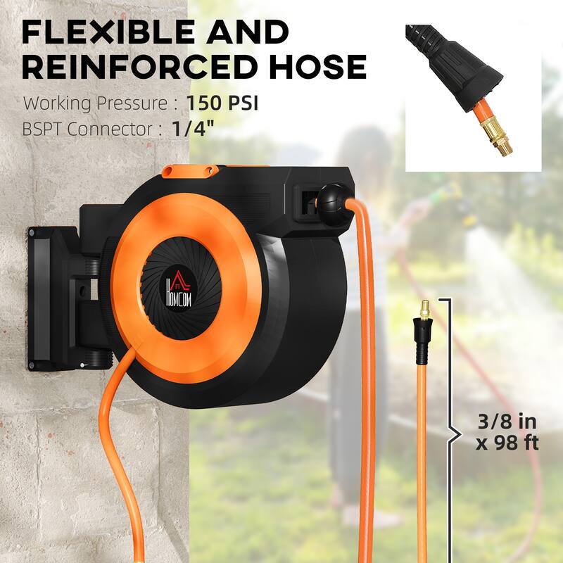 HOMCOM Retractable Air Hose Reel, Auto Rewind Air Compressor Hose Reel with Swivel Bracket - Black