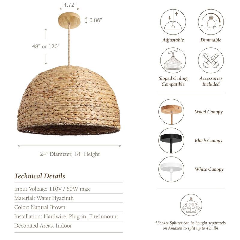 Althea Rattan Pendant Light - Natural Large Dome 1-Light Handwoven Hanging Light For Modern, Transitional, Farmhouse Room Decor