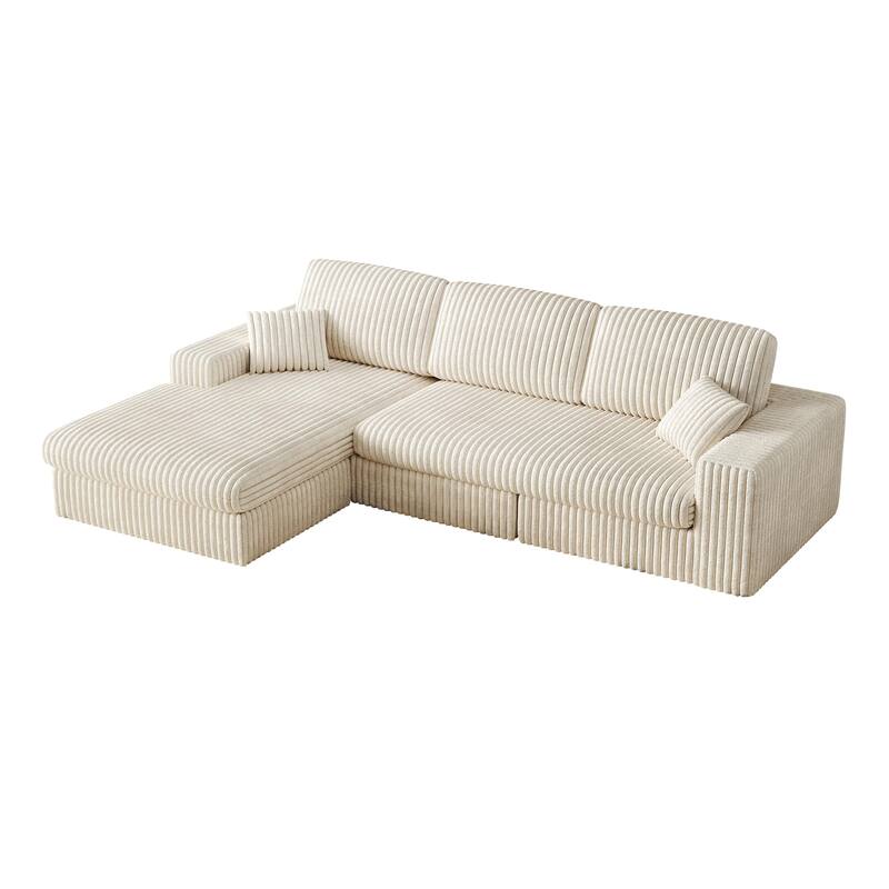 L-Shaped Sectional Sofa with Chaise Lounge, Corduroy Modular Foam Sofa, Upholstered Sofa with 2 Cushion & 2 Throw Pillows