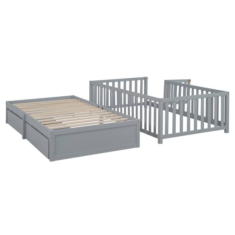 Twin Size Convertible Wood Daybed & Floor Bed with Fence Guardrails and 2 Drawers