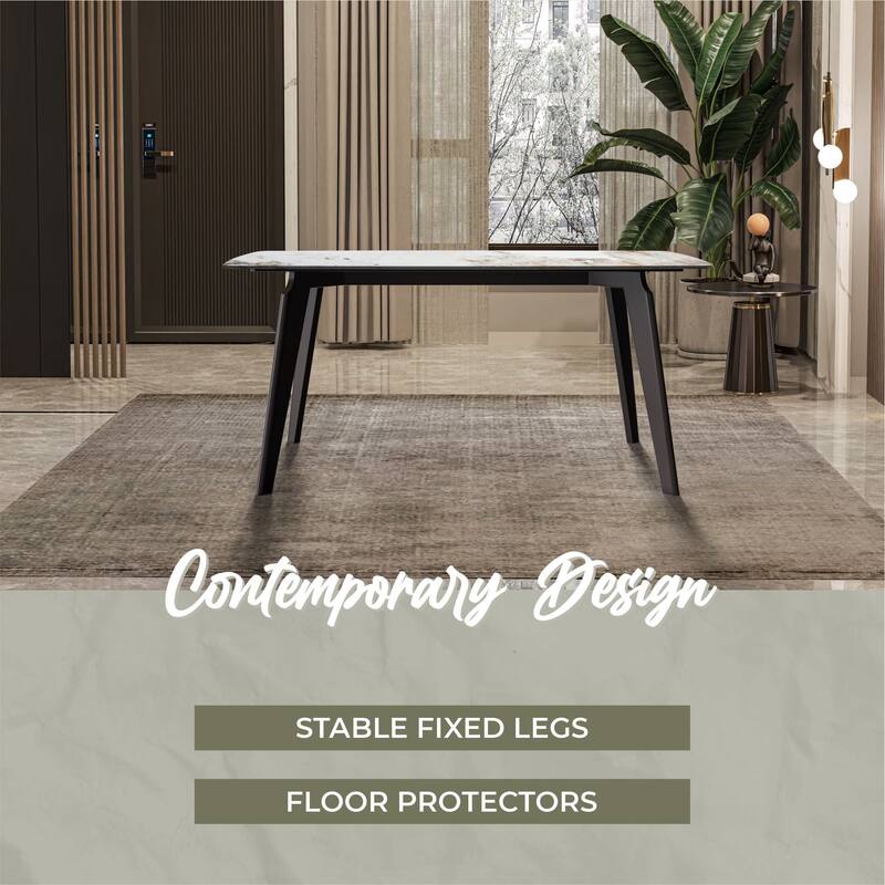 Krevor Modern Dining Table with Rectangular Sintered Stone or Glass Wide Tabletop and Black Steel Base