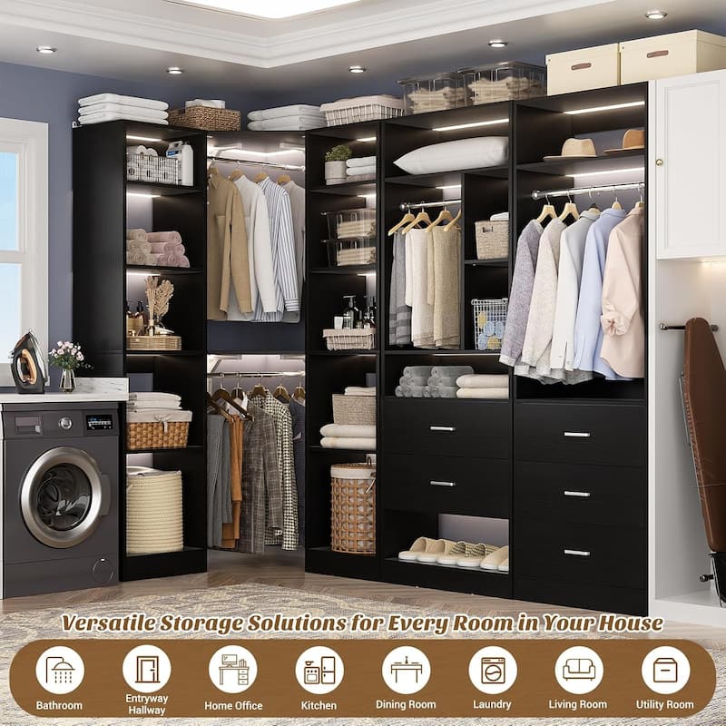 Kyrvo Corner Closet System with 5 Wooden Drawers & 12 Shelves, Freestanding Closet Organizer System for Walk-in/Reach-in Closet