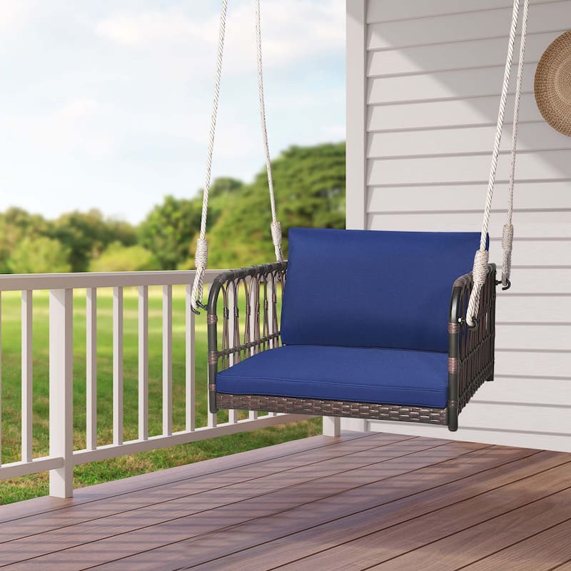 Porch Swing Chair Rattan Hanging Bench Seat w/ Cushions Hooks Balcony