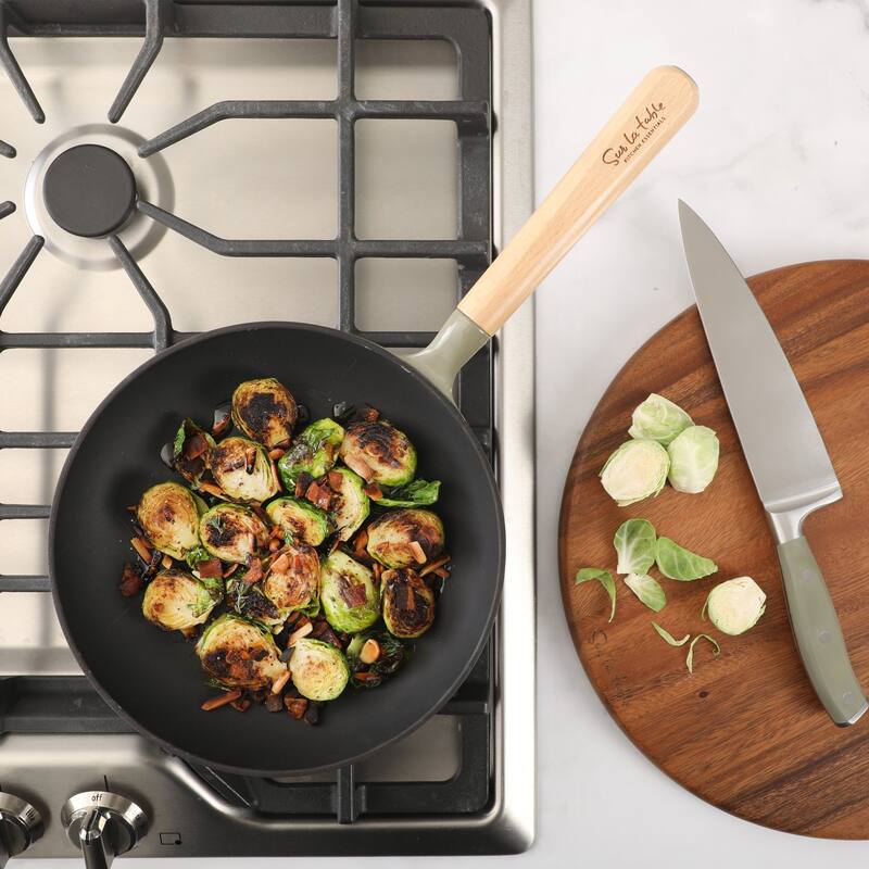 Sur La Table Kitchen Essential 9.5 Inch Pre-Seasoned Cast Iron Skillet with Wood Handle Natural Nonstick Lightweight Cast Iron