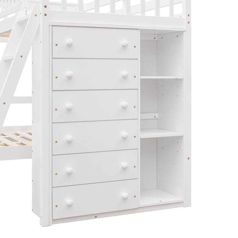 Twin Over Full Bunk Bed with Wheels, 6 Drawers and 3 Shelves