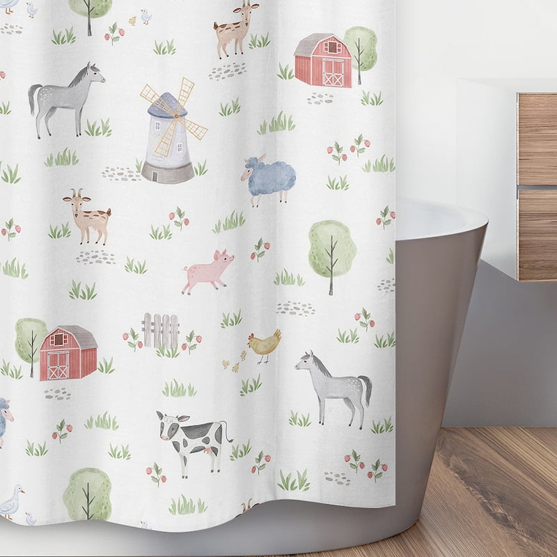 Farm Animals Collection Bathroom Fabric Bath Shower Curtain - Watercolor Farmhouse Horse Cow Sheep Pig