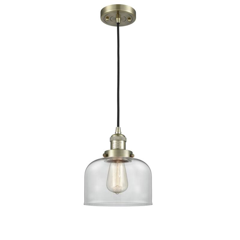 Innovations Lighting Large Bell 8" Wide Mini Pendant - Cord Suspension - Antique Brass / Clear