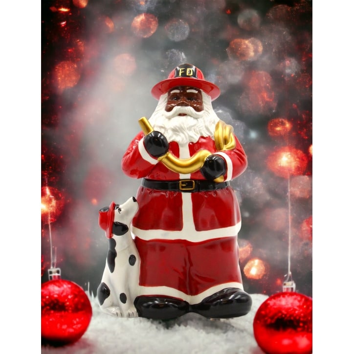 African American Firefighter Santa Cookie Jar 11.5In With
