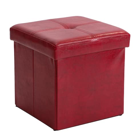 Simplify Red Faux Leather Folding Storage Ottoman Cube - 15" x 15" x 15"