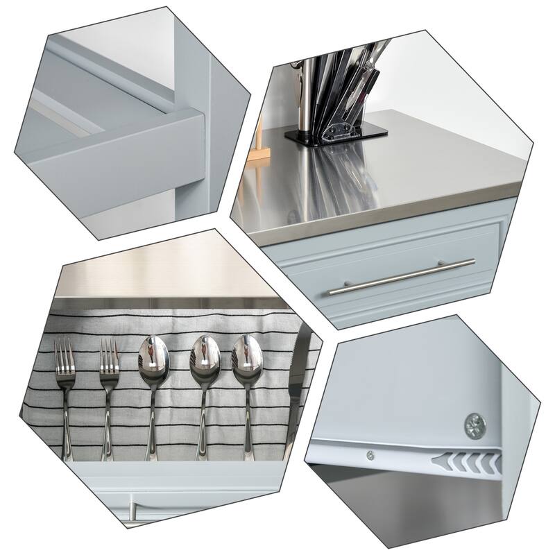 Kitchen Island with Stainless Steel Top, Traditional Kitchen Island with Storage, 2-Tier Open Shelves, Drawers