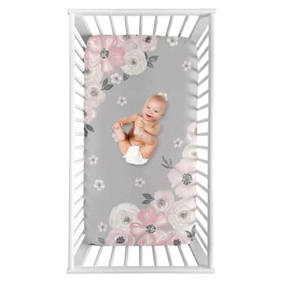 Grey Watercolor Floral Collection Girl Photo Op Fitted Crib Sheet - Blush Pink Gray and White Shabby Chic Rose Flower Farmhouse