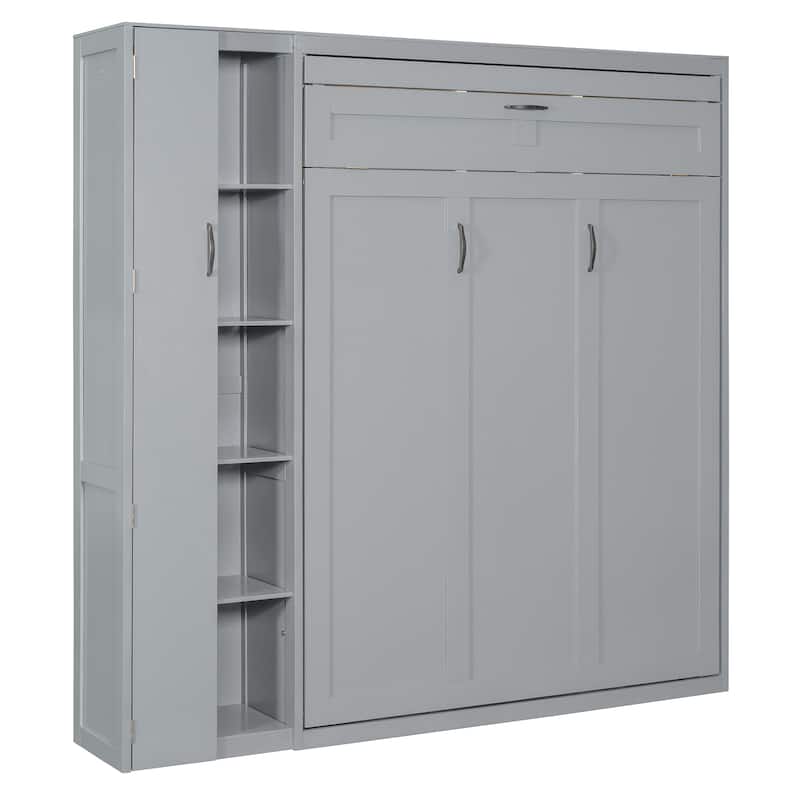 Full Size Murphy Bed Wall Bed with Shelves, Wardrobe and LED Lights