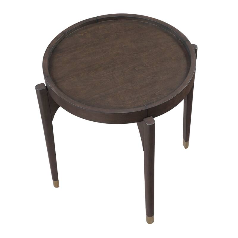 Azy Side End Table, 24 Inch Round Top, Gold Capped Legs, Dark Brown