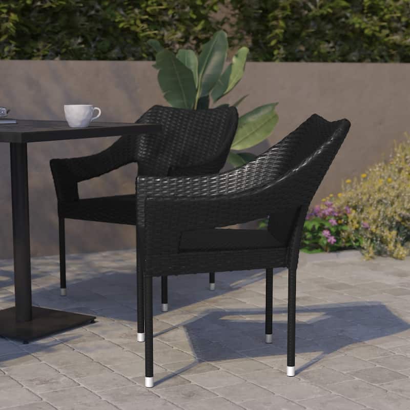 All Weather Commercial Grade PE Rattan Stacking Patio Chairs - 2 Pack - Black