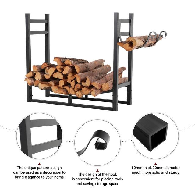 PHI VILLA Heavy Duty Firewood Racks Indoor/Outdoor Log Rack with Kindling Holder, 30 Inches Tall, Black