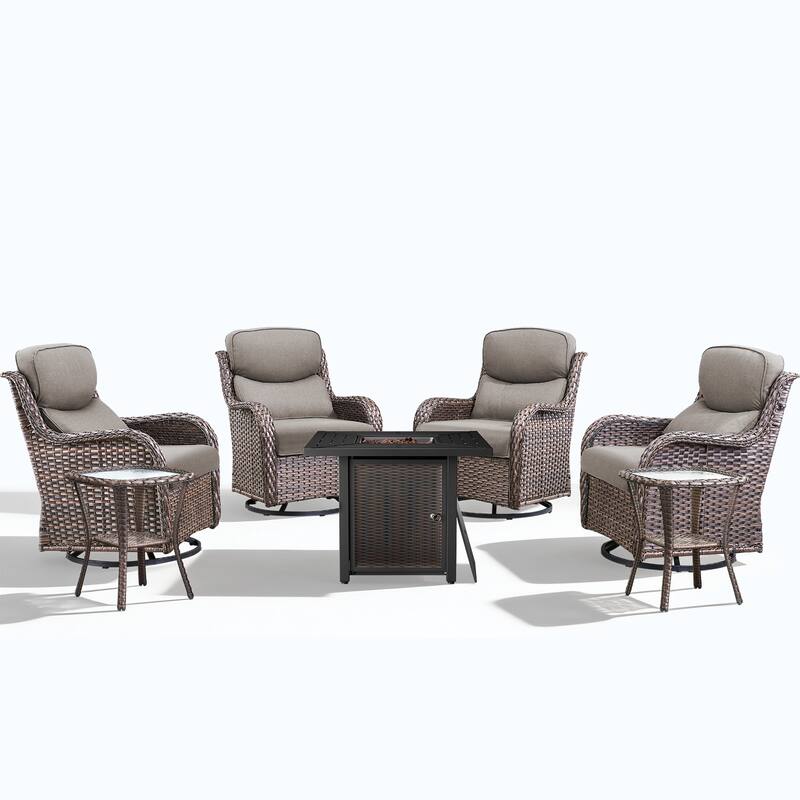 Meyreso 7-Piece Outdoor Patio Wicker Fire Pit 4 person Conversation Set with 5-Inch Thick Cushions