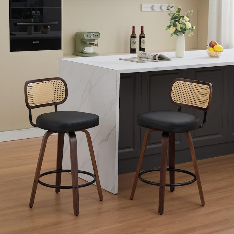 Counter Height Bar Stools Set of 2 , Rattan Counter Height Dining Stools with Cane Back & Upholstered Seat