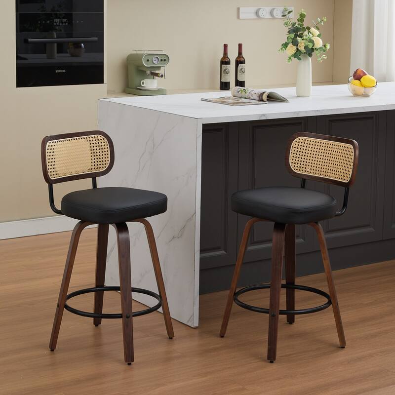 Set of 2 Counter Height Bar Stools - 26 inch Rattan Counter Height Stools,Upholstered Seat,Walnut Craftsmanship,Swivel Stools