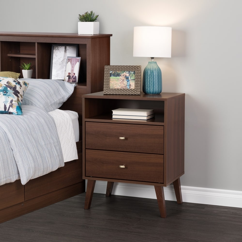 Prepac Milo Mid-Century Modern 2 Drawer Nightstand with Open Shelf, Bedside Table, Contemporary Bedroom Furniture