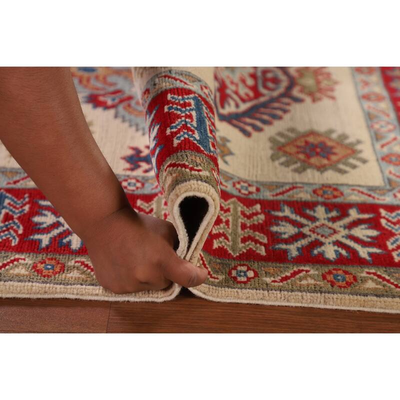 Geometric Ivory Kazak Oriental Accent Rug Hand-Knotted Wool Carpet - 3'5"x 4'11"