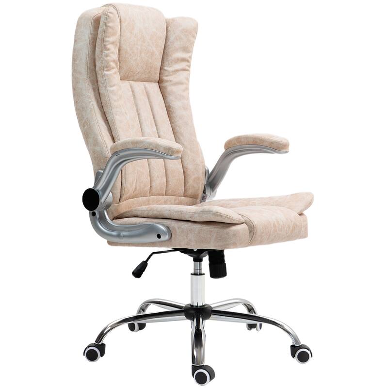 Cream White Ergonomic Chair Upholstered Chair with Flip Up Armrests, Executive Office Chair Swivel Reclining Chair