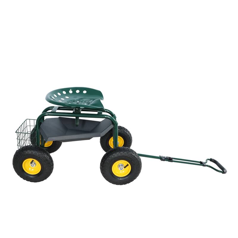 Adjustable Garden Cart with Swivel Seat, Large 10-Inch Wheels, Storage Tray and Basket, Easy Maneuvering - Iron