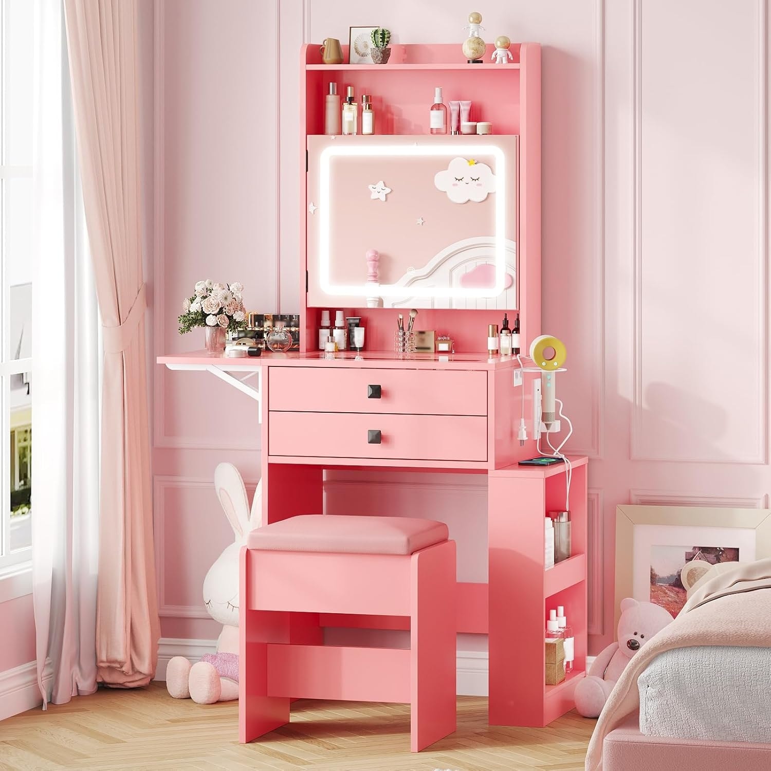 Compact Lighted Makeup Vanity Desk with Adjustable Mirror, Charging Station, and Storage