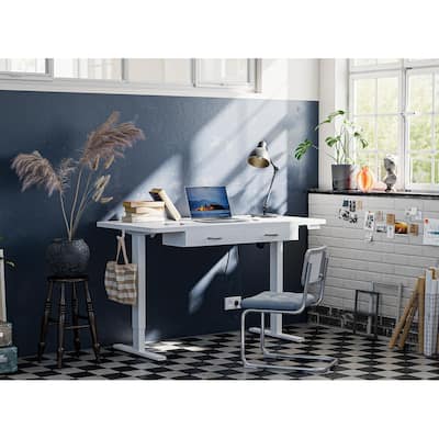 FEZIBO Adjustable Height Electric Standing Desk with Double Drawer, Stand Up Home Office Desk with Splice Tabletop