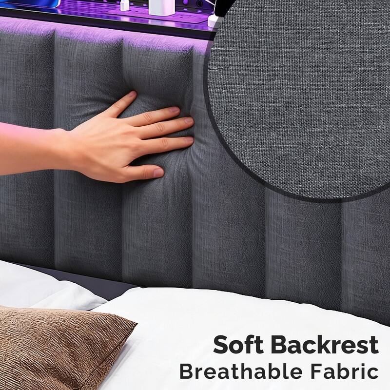 Adjustable Upholstered Headboard with 3 Tier Shelves with Charging Stations and LED Lights, Modern Bed Headboard with Storage