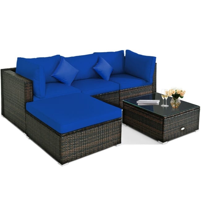5 Pcs Outdoor Patio Rattan Furniture Set Sectional Conversation with Cushions - 29.5'' x 29.5'' x 25.5'' (L x W xH)