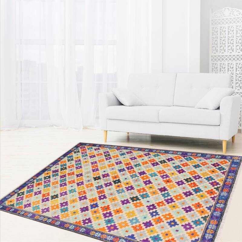 Eclectic Balochi Bernal Beige/Blue Hand Knotted Wool Rug - 5'10'' x 7'10''