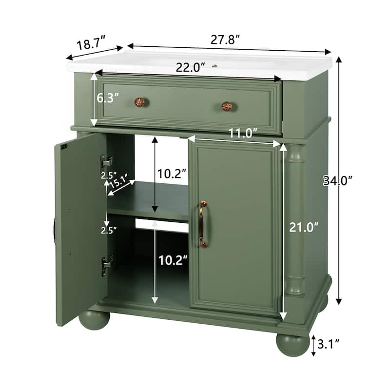 28"/36" Bathroom Vanity with Sink, Integrated Ceramic Basin Vanity Cabinet with Roman Column Base, Solid Wood Frame