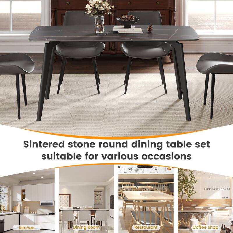 62.99" Modern Artificial Stone Black Curved Edge Black Metal Leg Dining Table-Can Accommodate 6 People(Dining Table Only)