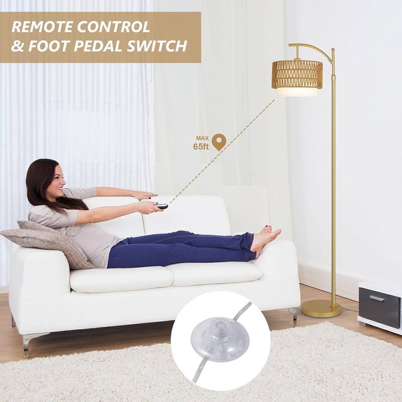 Gold Arc Floor Lamps with Remote & Dimmable LED Bulb, 3 Color Temperatures, Rattan & Fabric Shades, Adjustable Tall Lamp