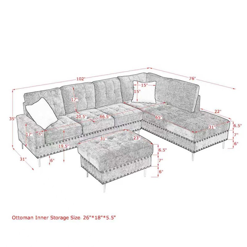 Chenille 3 Seater Couch L-shaped Sectional Sofa with Reversible Chaise, Storage Ottoman, Metal Legs, Copper Nails and 2 Pillows