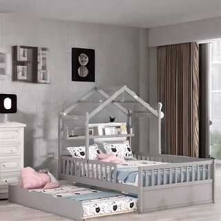 Full Size Kids Wooden House Bed with Twin Size Trundle and Shelf - Bed ...