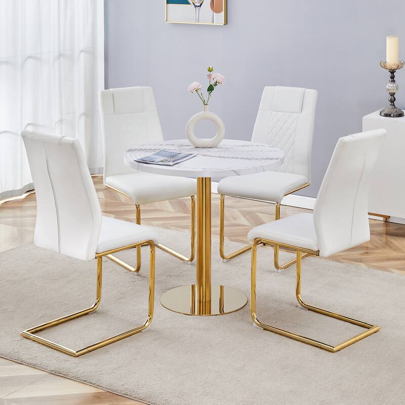 Roomfitters 5pcs Round White Marble Dining Table Set with PU Chairs and Golden Metal Arched Legs, White