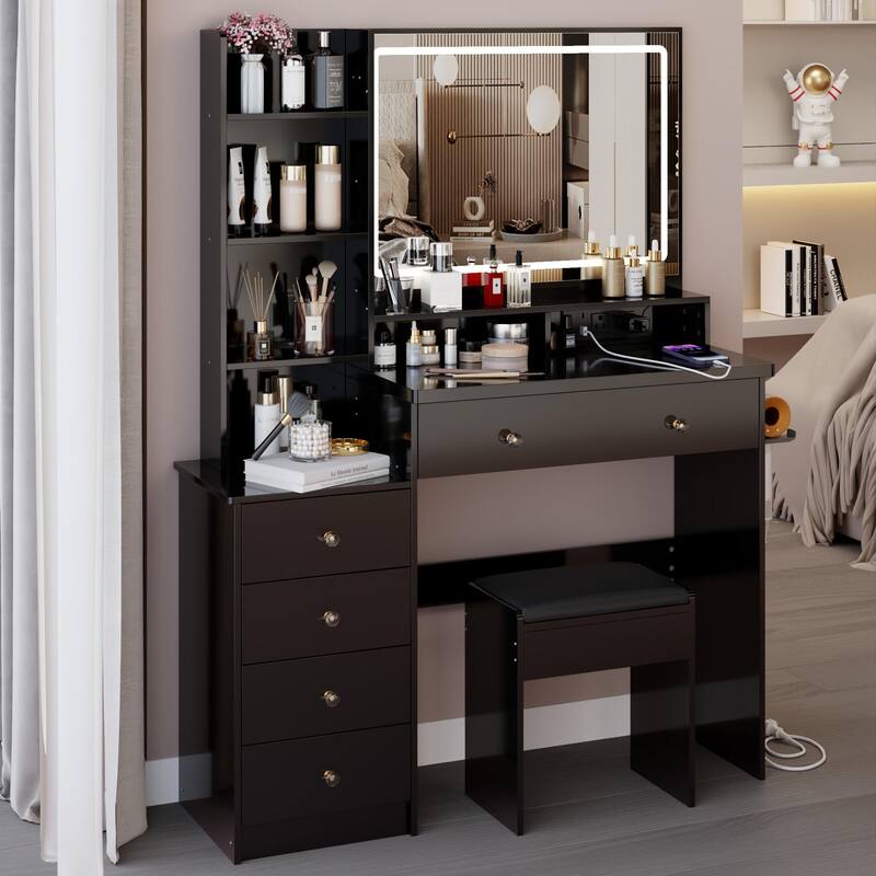 Vanity Desk with Touch Control LED Mirror, Makeup Table with Hair Dryer Stand, Vanity Table Set with Cushioned Stool
