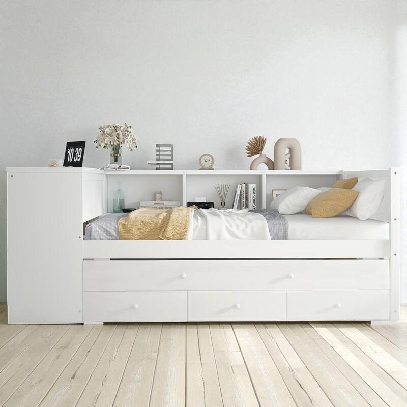 Twin/Full Size Wood Daybed with Trundle, Storage Drawers, Shelves and Built-in Desk, No Box Spring Needed - White - Full