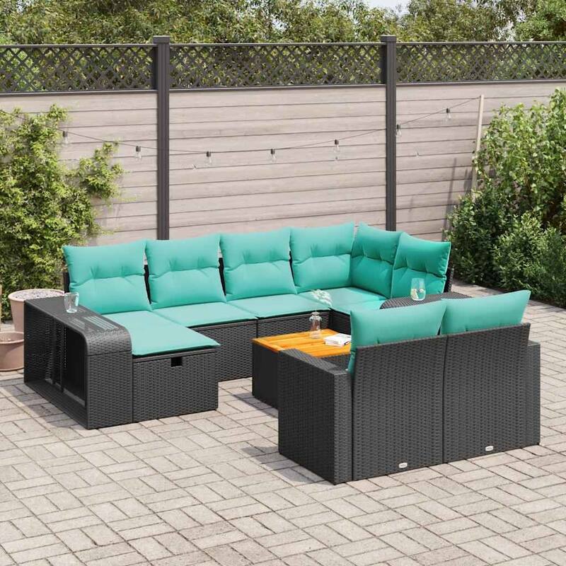 vidaXL Patio Sofa Set with Cushions Black Poly Rattan - 21.7 x 24.4 x 27.2 - Black-with wood table