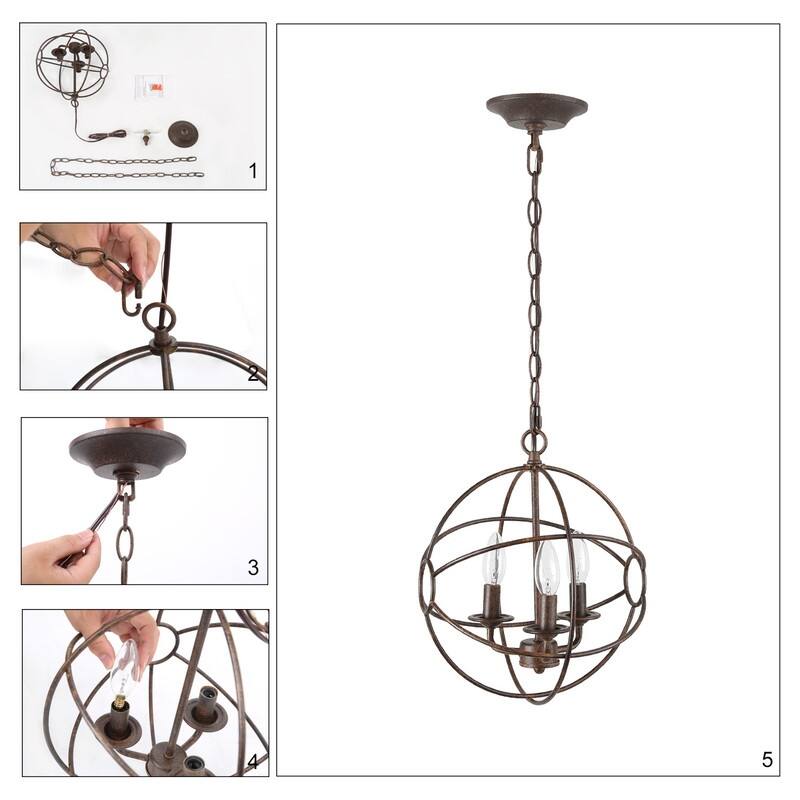 Farmhouse Rustic 3-Light Metal Globe Chandelier Pendant Light for Kitchen Island Dining Room - 12"W x 14"H