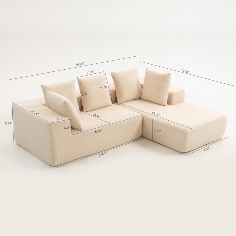 L-Shaped Modular Sectional Sofa, Full Foam Compressed Deep Seat Sofa, Upholstered Corner Sofa with 5 Throw Pillows