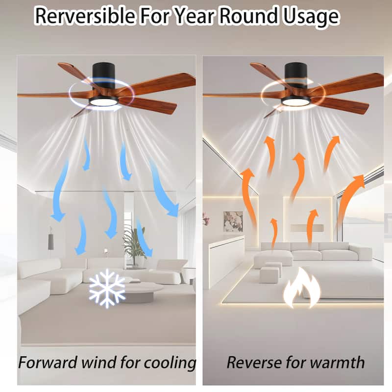 60" Ceiling Fan with Light, Flush Mount, 5 Solid Wood Blades, Quiet Reversible DC Motor, APP & Remote Control - Natural Wood