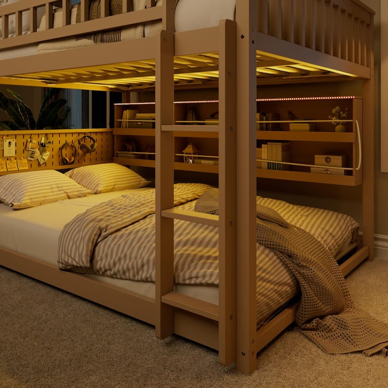 Full XL over Queen/Full over Full Bunk Bed with Integrated Shelving, Color-Changing Lights & Pegboard