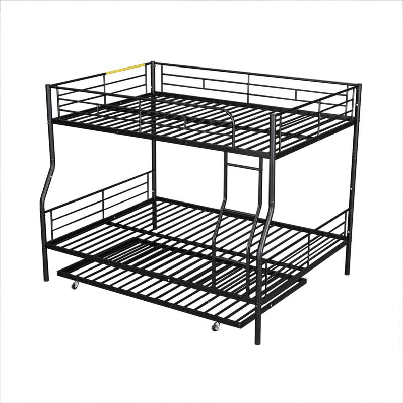 Metal Bunk Bed with Trundle and Guardrail, Convertible to Two Beds