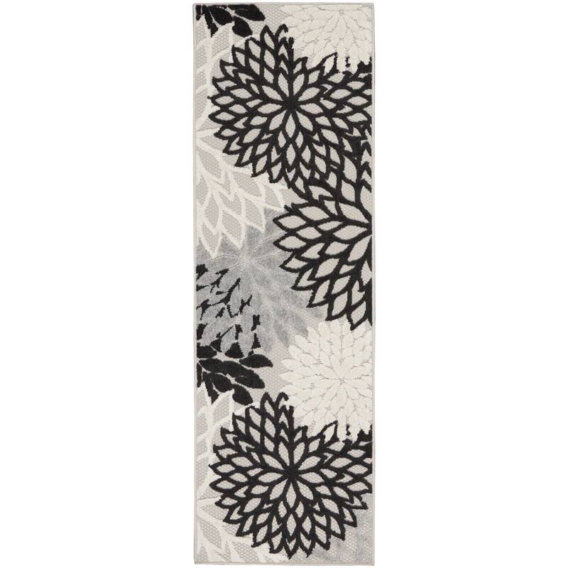 Nourison Aloha Floral Modern, Indoor/Outdoor Area Rug - 2'3" x 10' - Black/White