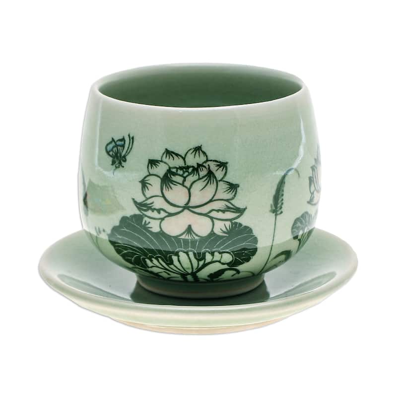 Novica Handmade Luxuriant Lotus Celadon Ceramic Cup And Saucer