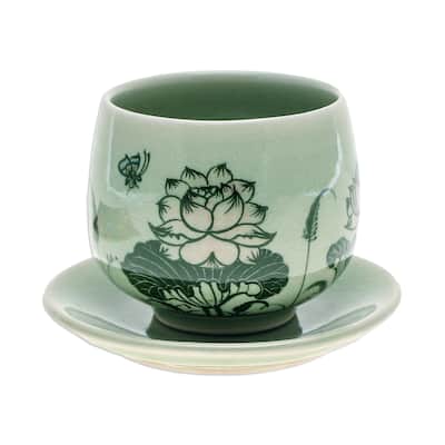Novica Handmade Luxuriant Lotus Celadon Ceramic Cup And Saucer