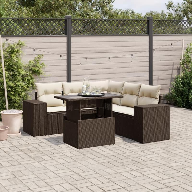 vidaXL Patio Sofa Set with Cushions Outdoor Furniture 6 Piece Poly Rattan - 21.7 x 39.4 x 28.7 - Brown and Cream